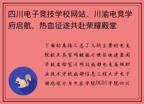 四川电子竞技学校网站、川渝电竞学府启航，热血征途共赴荣耀殿堂
